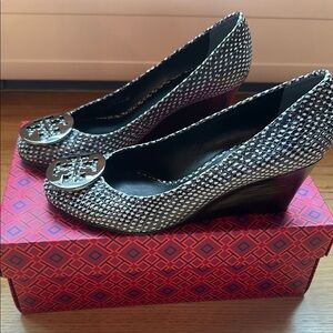 Tory Burch Black and Pewter Wedge Shoes